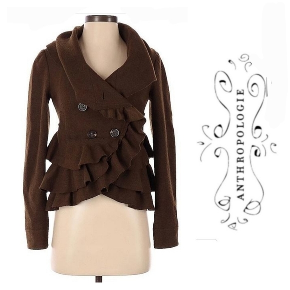 Anthropologie Jackets & Blazers - Anthropologie Elevenses Brown Echelon Ruffle Tier Peplum Jacket Size 6